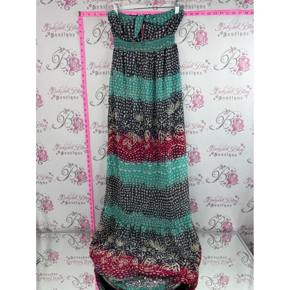 Roxy Strapless Maxi Dress tiered style colors in Teal, Navy & pink tie up ribbon